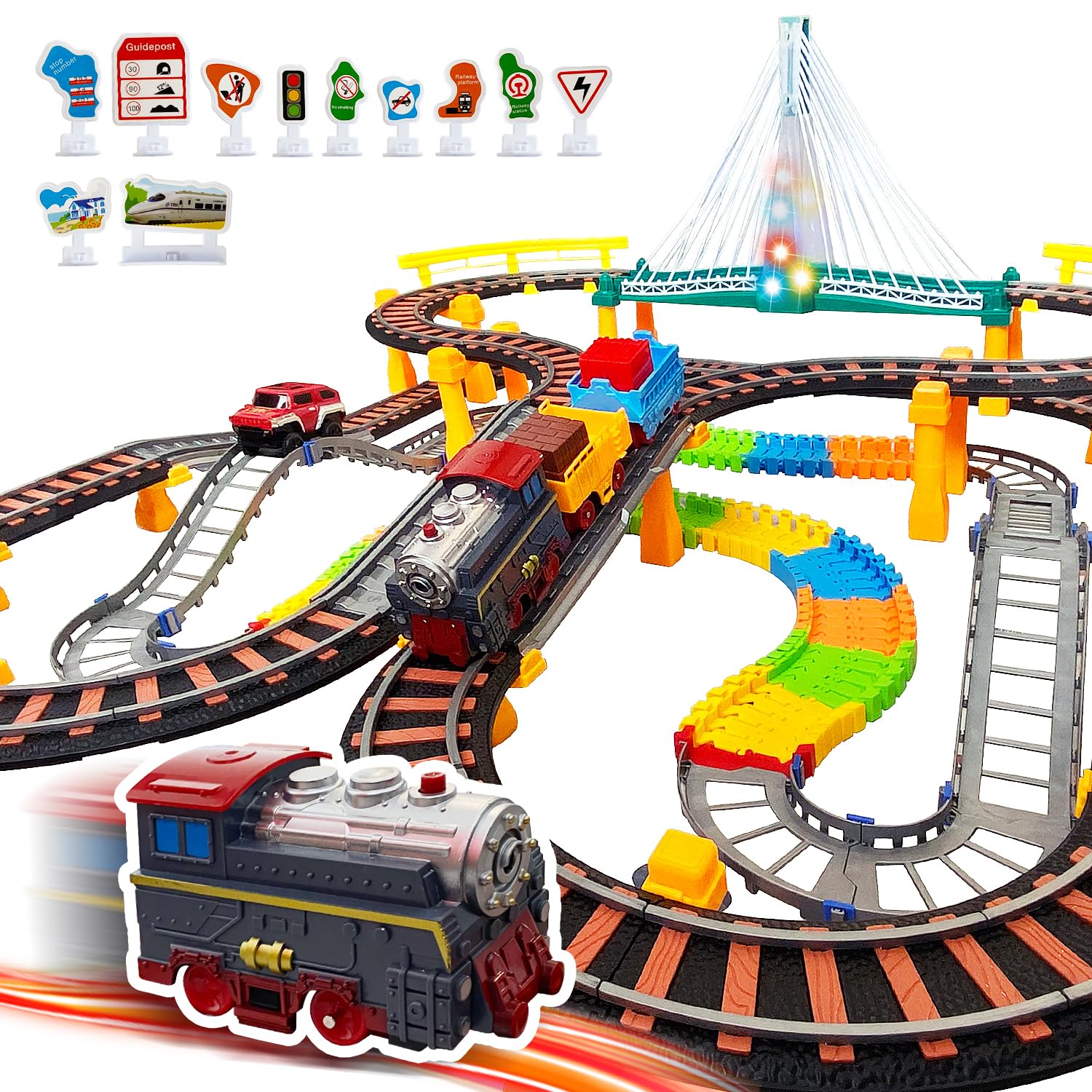 delendo Toy vehicles Sets, Construction Toys Race Tracks with a Train with a Simulated Whistle and a Car for Kids