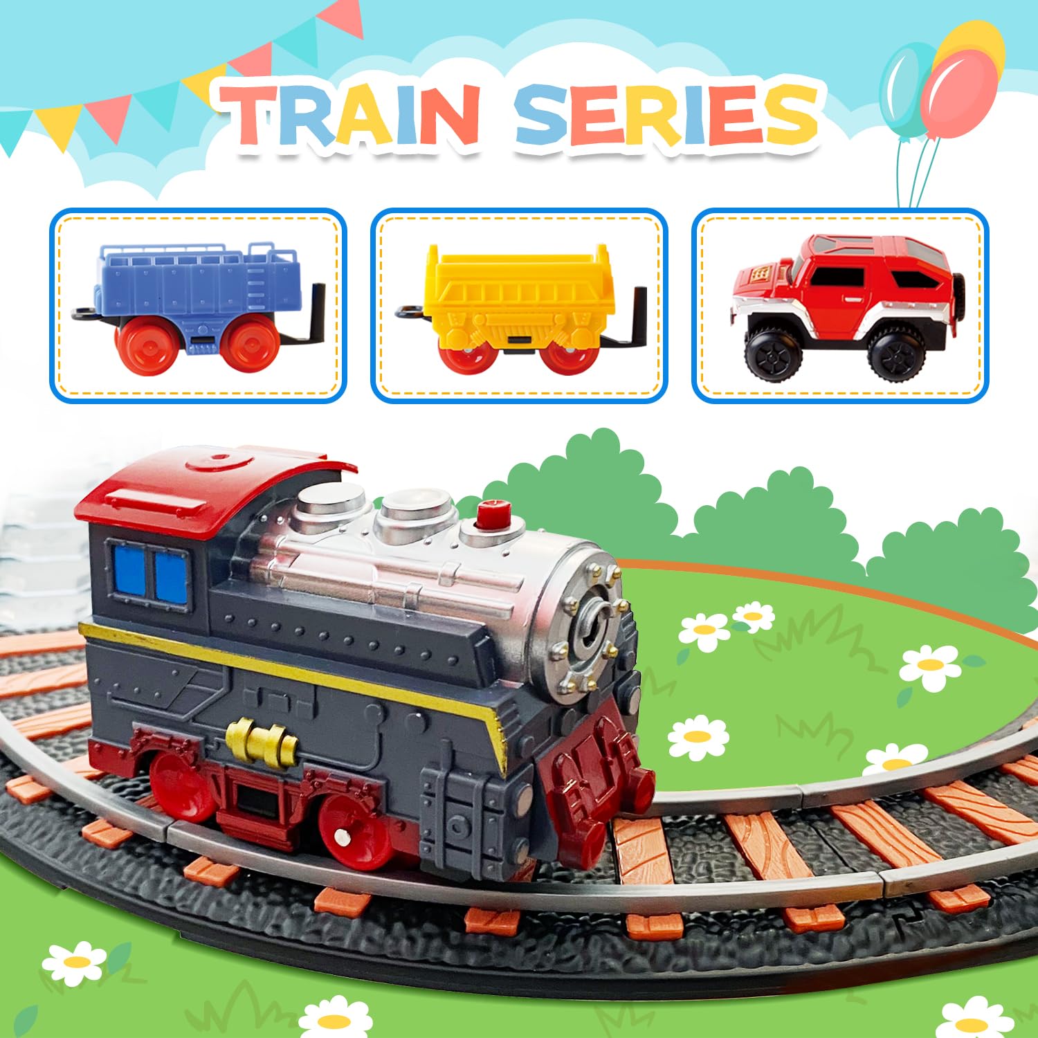 delendo Toy vehicles Sets, Construction Toys Race Tracks with a Train with a Simulated Whistle and a Car for Kids